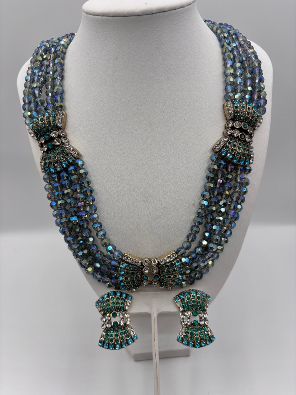 Crystal Multi-Strand Blue-Green Statement Necklace and Earrings Set JP455